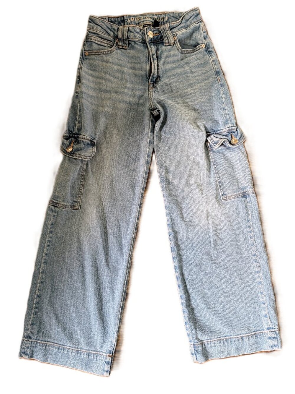 American Eagle Super High Rise Baggy Wide Leg Cargo Jeans 000 Short Medium Wash